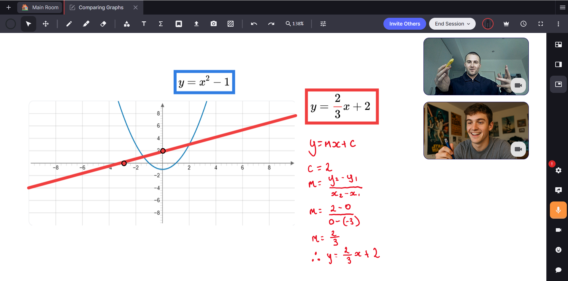 Online maths lesson in Lessonspace with graphing, worked examples, and video tutoring